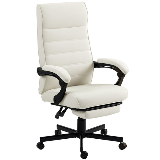 Office Chair, High Back Desk Chair, Swivel Recliner with Adjustable Height, Footrest and Padded Armrest, Cream White