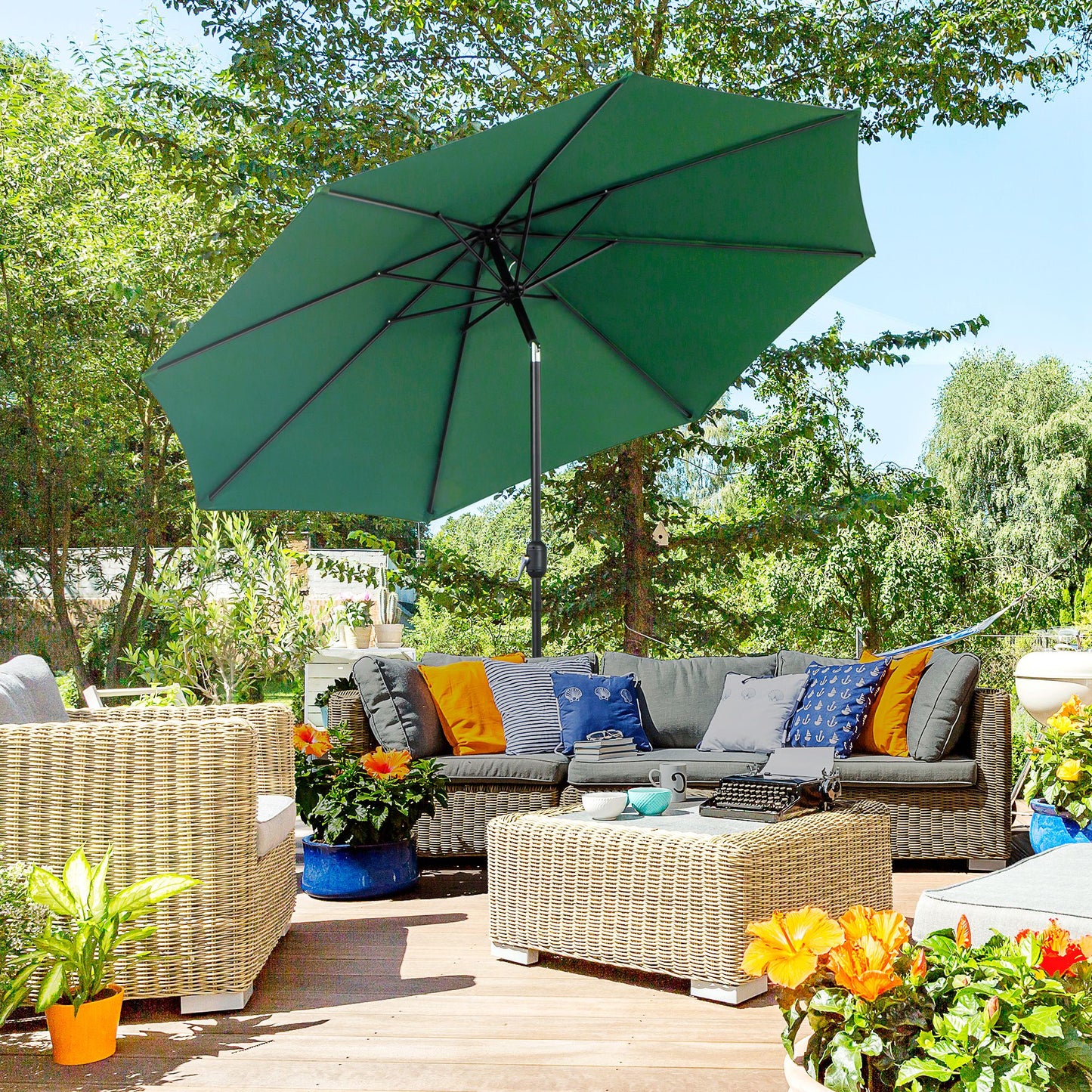 10' x 8' Round Market Umbrella, Patio Umbrella with Crank Handle and Tilt, Outdoor Parasol for Garden, Bench, Lawn, Gree