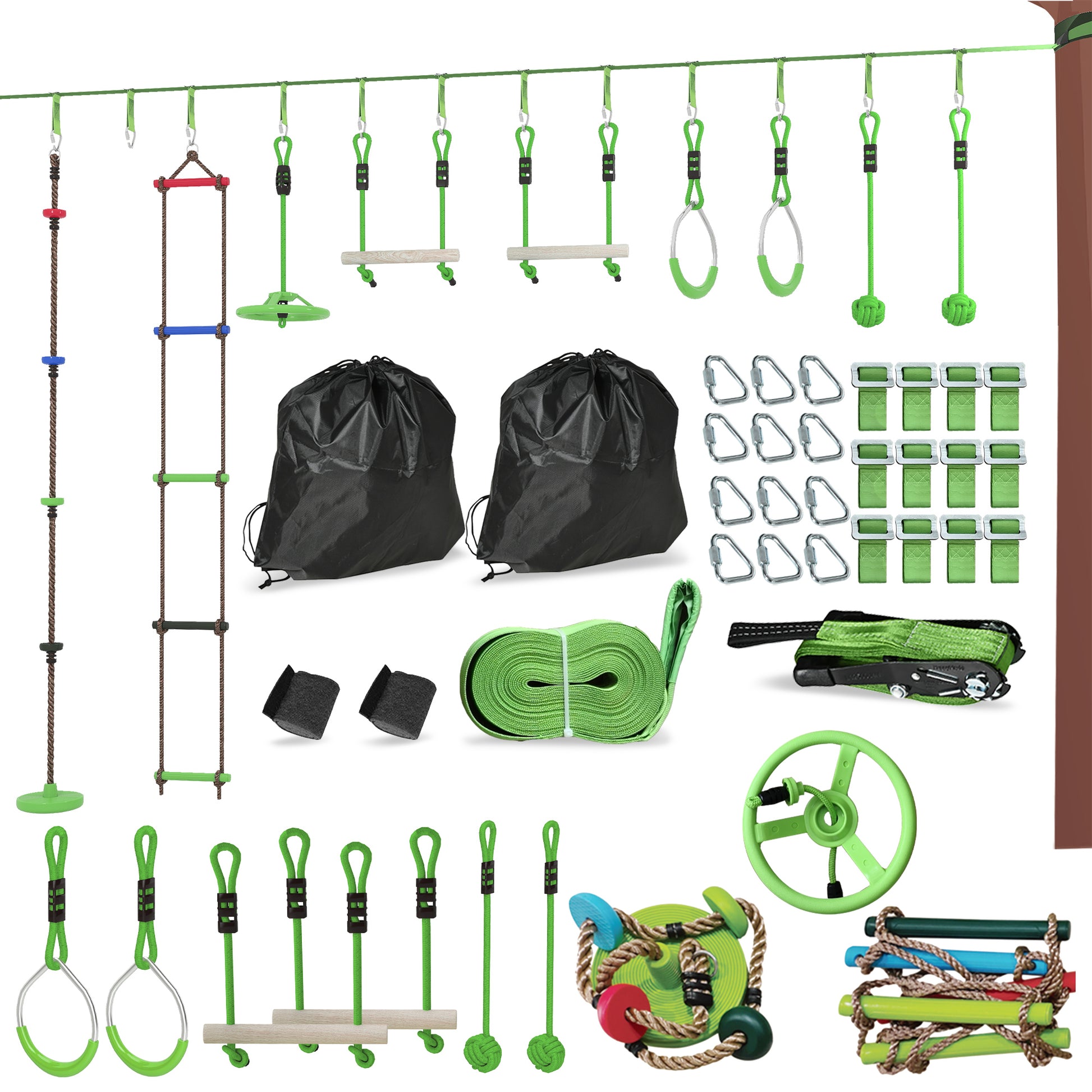 Qaba Obstacle course for Kids, with 10-Piece Slackline Kit with Monkey Bars, Gym Rings, Rope Ladder, Nest Swing, Hanging