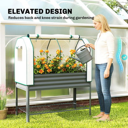 Galvanised Raised Garden Bed with Greenhouse Cover, Metal Elevated Planter Box with Bed Liner, Bottom Shelf, Dark Grey