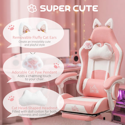 Cute Racing Gamer Chair, Faux Leather Gaming Chair with Footrest, Headrest and Lumbar Support, Pink