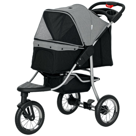 Small Dog Stroller, 3-Wheel Foldable Pet Stroller with Adjustable Canopy and Zippered Mesh Door for Pet Owners, Grey