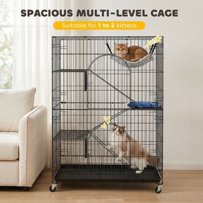 4-Tier Cat Cage, Large Cat Enclosure with Lockable Wheels, Tray, Hammock, Bed, 3 Ramp, 3 Platforms for 3-5 Kittens