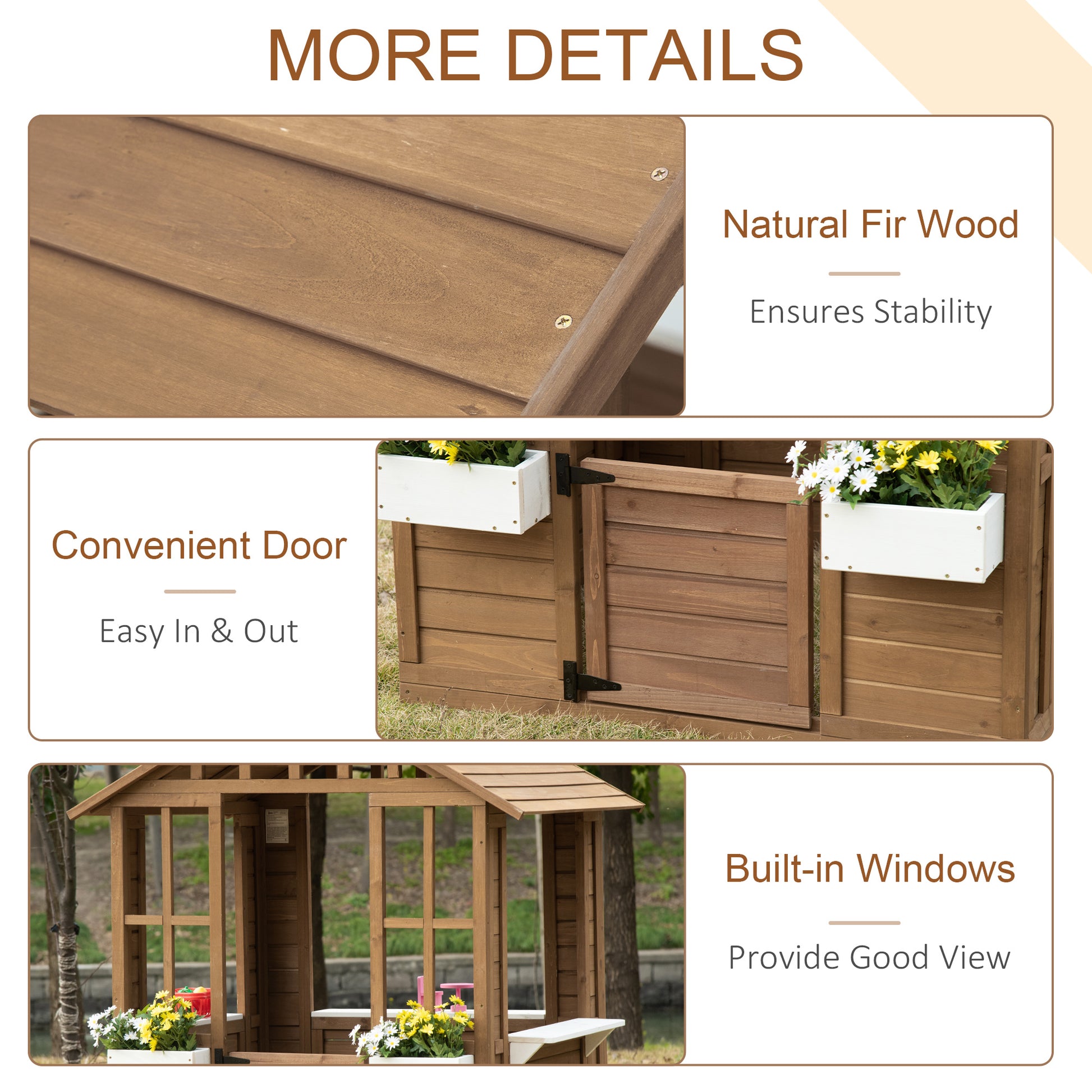 Kids Wooden Playhouse, Outdoor Garden Games Cottage with Flowers Pot Holder, Working Door, Windows, Brown