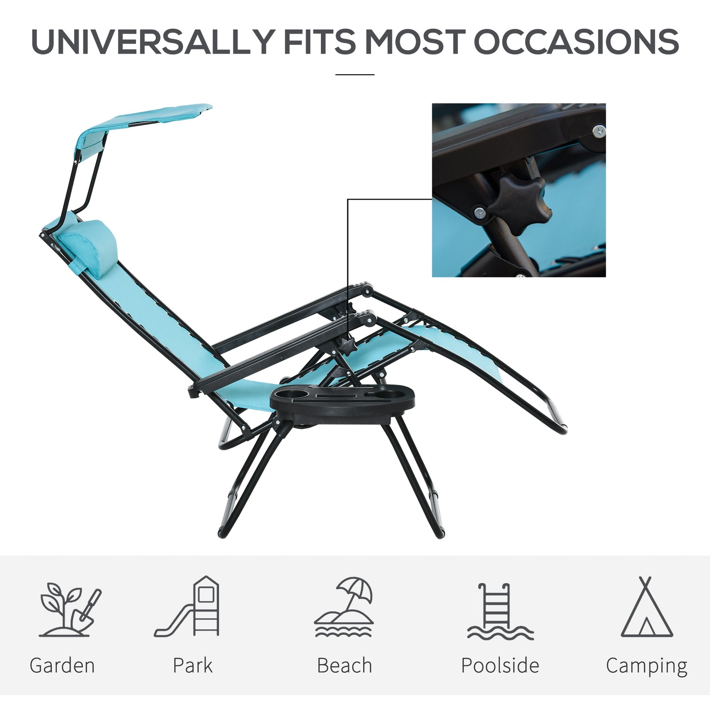 2 Piece Foldable Lounge Chair with Canopy Shade, Outdoor Zero Gravity Chair w/ Side Tray & Cup Holder, Reclining Lounger