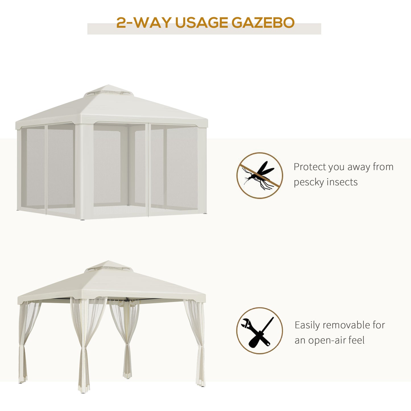 10' x 10' Patio Gazebo Pavilion, 2-Tier Roof Canopy Outdoor Shelter with Steel Frame and Mosquito Netting for Garden, Ya