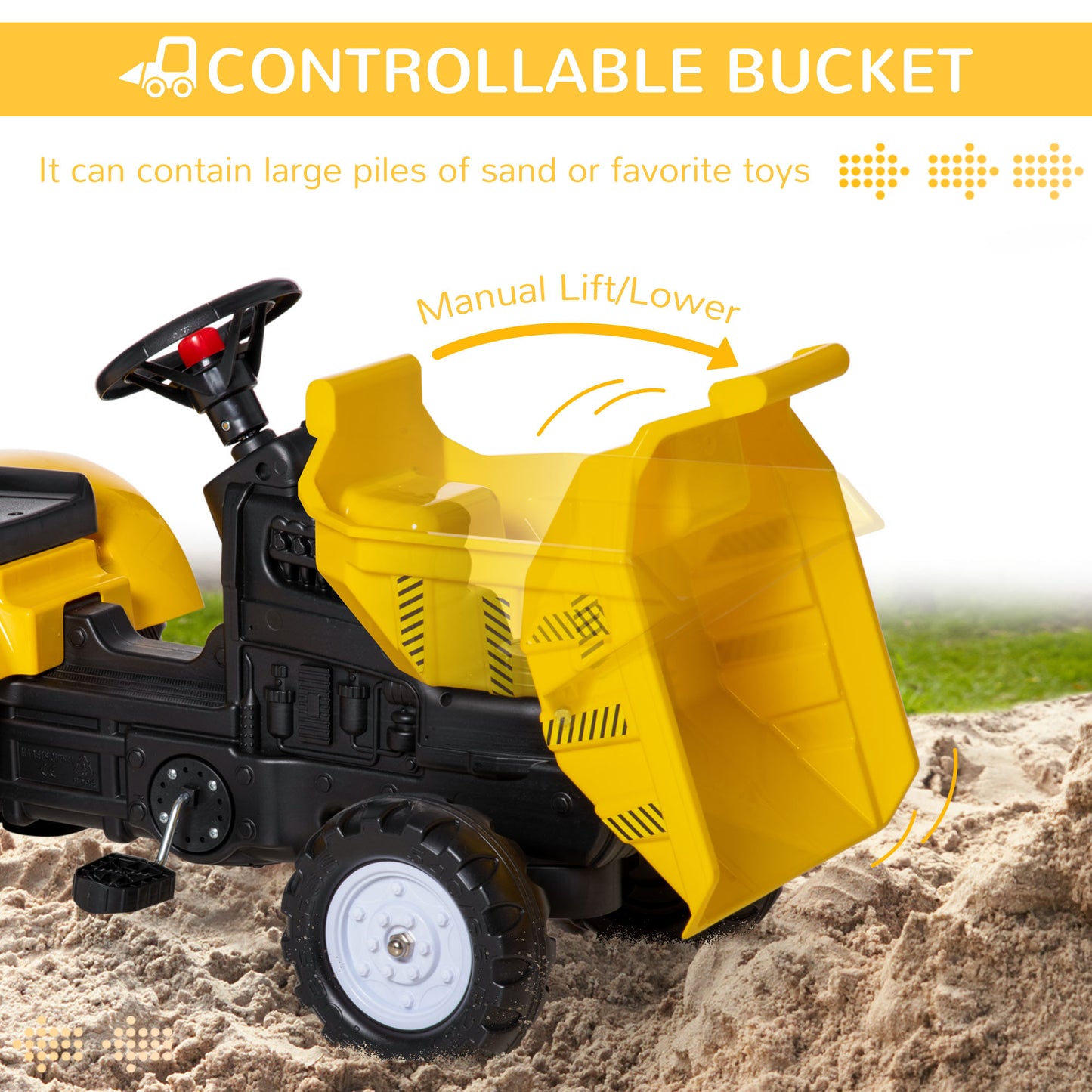 VarietyKart Ride on Tractor for Kids, Pedal Construction Car with Manual Control Bucket for 3 Years Old, Yellow