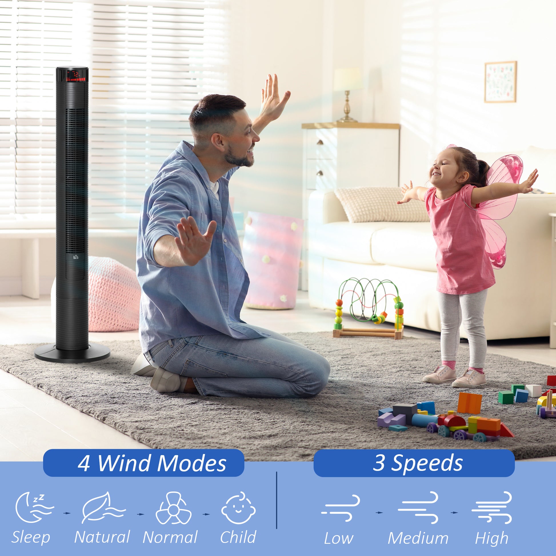 Freestanding Tower Fan Cooling for Home Bedroom with 3 Speed, 12h Timer, Oscillating, LED Panel, Remote Controller, Blac