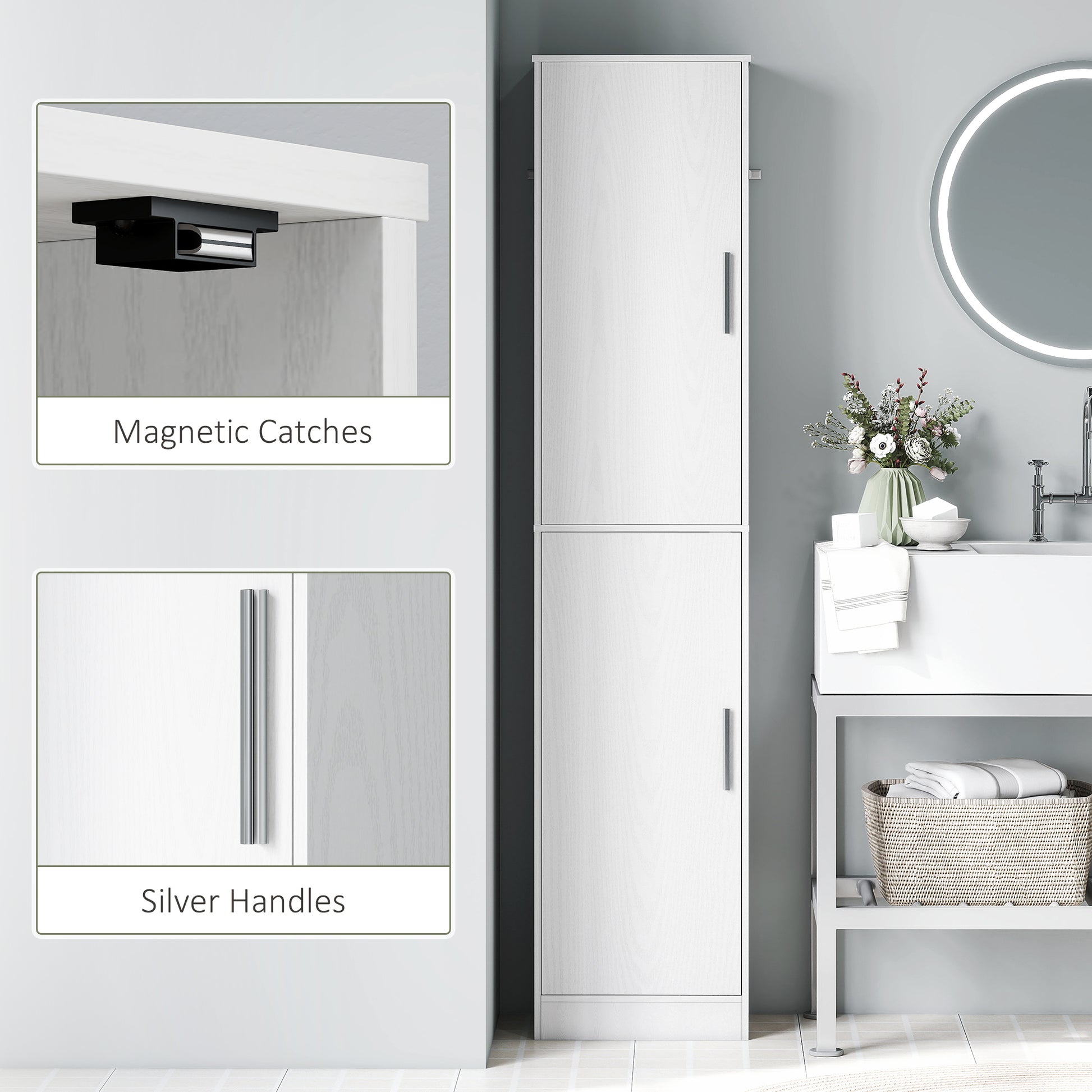 Tall Bathroom Cabinet, Slim 6-Tier Bathroom Floor Cabinet with 2 Doors and 4 Adjustable Shelves, White