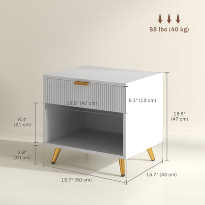 Nightstand with Fluted Panel, Bedside Table with Drawer and Open Compartment, Modern Night Table for Bedroom, White