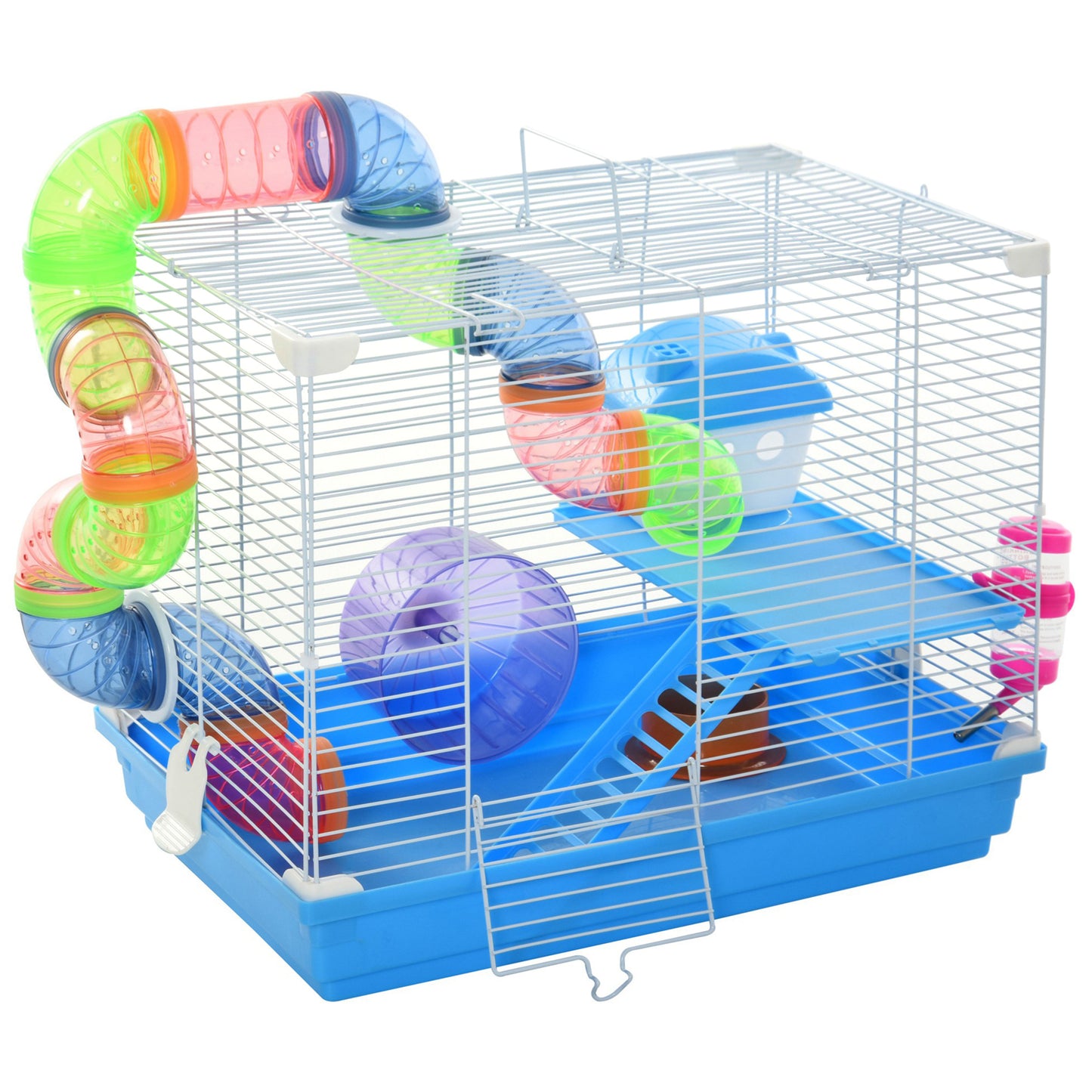 18"L Hamster Cage, Small Animal House, 2-Level Rat Gerbil Haven with Tunnel Tube System, Exercise Wheel, Water Bottle, F