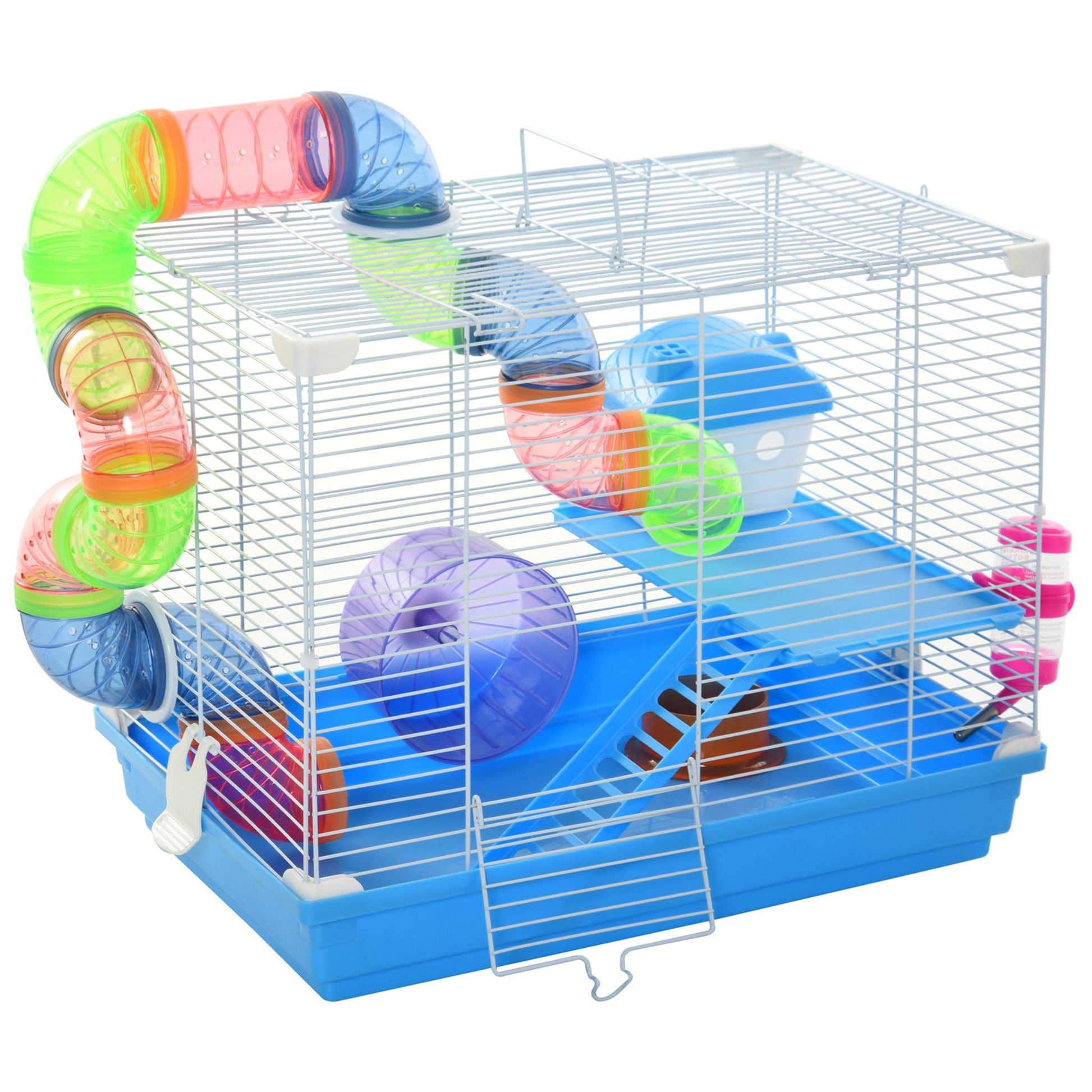 18"L Hamster Cage, Small Animal House, 2-Level Rat Gerbil Haven with Tunnel Tube System, Exercise Wheel, Water Bottle, F