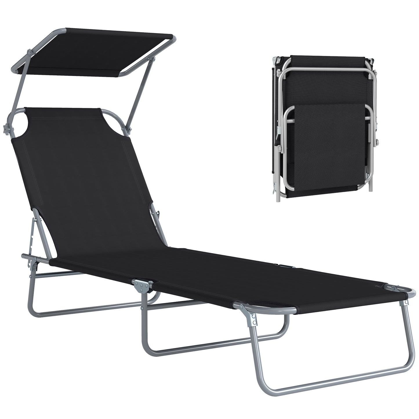 Outdoor Lounge Chair, Adjustable Folding Chaise Lounge, Tanning Chair with Sun Shade for Beach, Camping, Hiking, Backyar