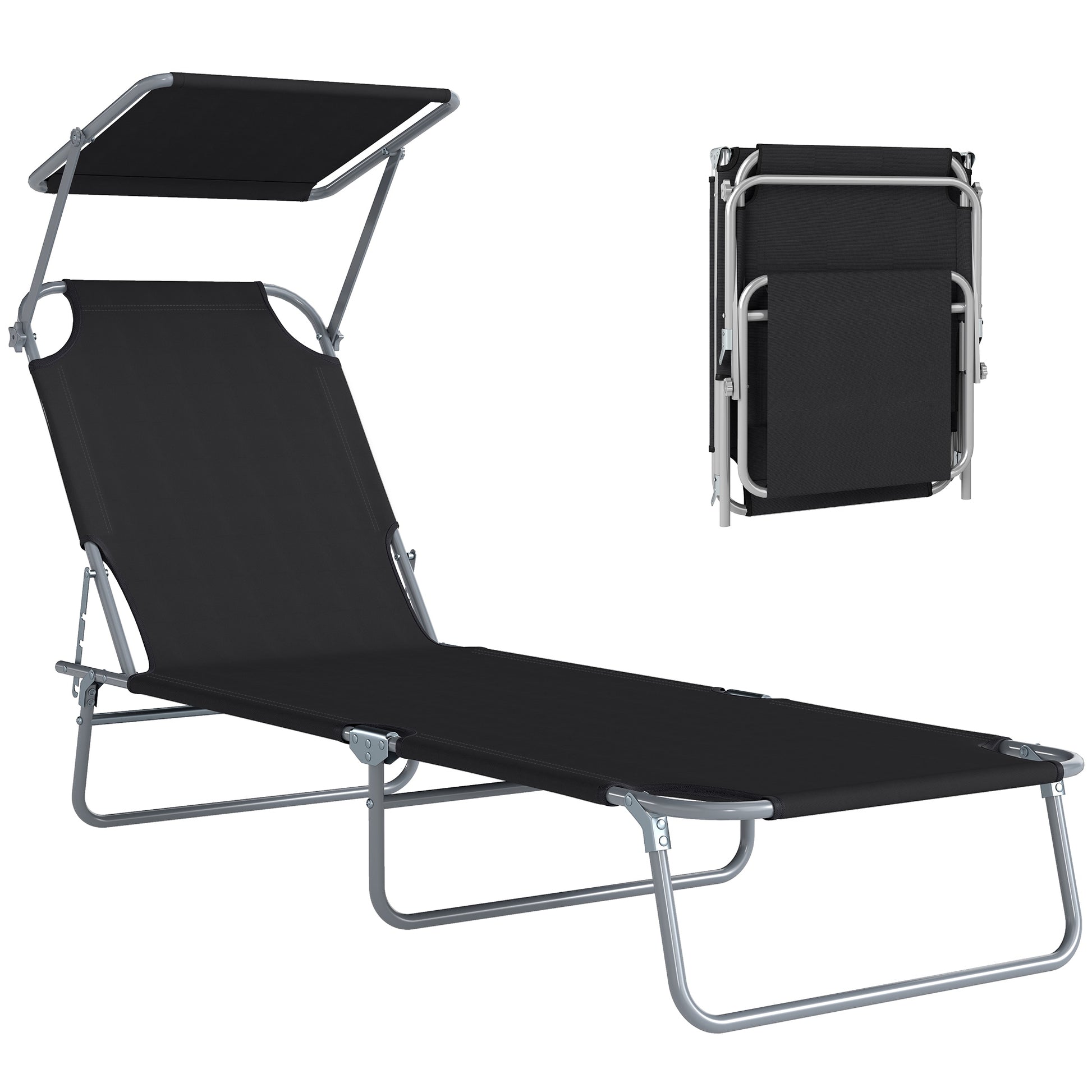 Outdoor Lounge Chair, Adjustable Folding Chaise Lounge, Tanning Chair with Sun Shade for Beach, Camping, Hiking, Backyar