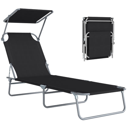 Outdoor Lounge Chair, Adjustable Folding Chaise Lounge, Tanning Chair with Sun Shade for Beach, Camping, Hiking, Backyar