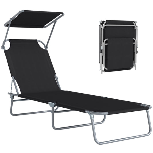 Outdoor Lounge Chair, Adjustable Folding Chaise Lounge, Tanning Chair with Sun Shade for Beach, Camping, Hiking, Backyar