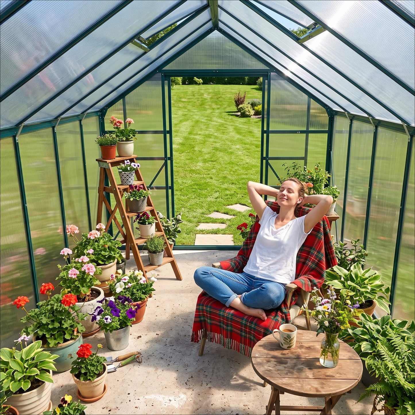 16' x 8' Aluminum Polycarbonate Greenhouse Walk-in Garden Greenhouse Kit with Adjustable Roof Vent, Rain Gutter and Slid