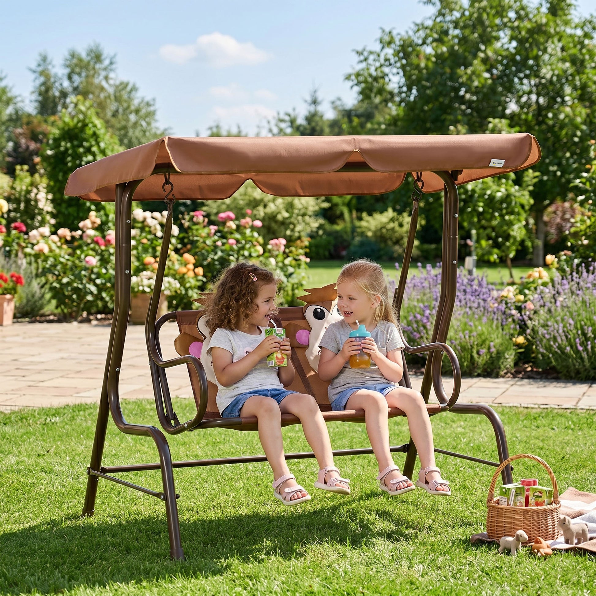 2-Seat Kids Porch Swing Chair, Children Outdoor Patio Furniture Lounge Chair for Garden, with Adjustable Canopy, Seat Be