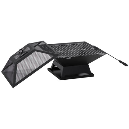 17.7" Wood Burning Portable Fire Pit, Outdoor Firepit with Cooking BBQ Grill, Spark Screen, Poker for Backyard, Black