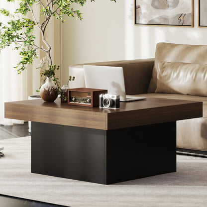 Square Coffee Table with 16-Colour LED Lights, 35-inch Modern Center Table for Living Room, Walnut