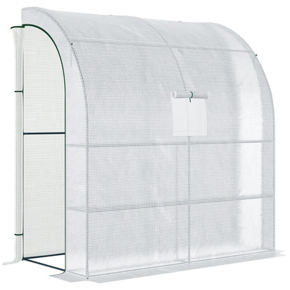 7' x 3' x 7' Outdoor Lean-to Walk-In Greenhouse w/ Roll-up Mesh Windows, Zipper Door and 3-Tier Shelves, White