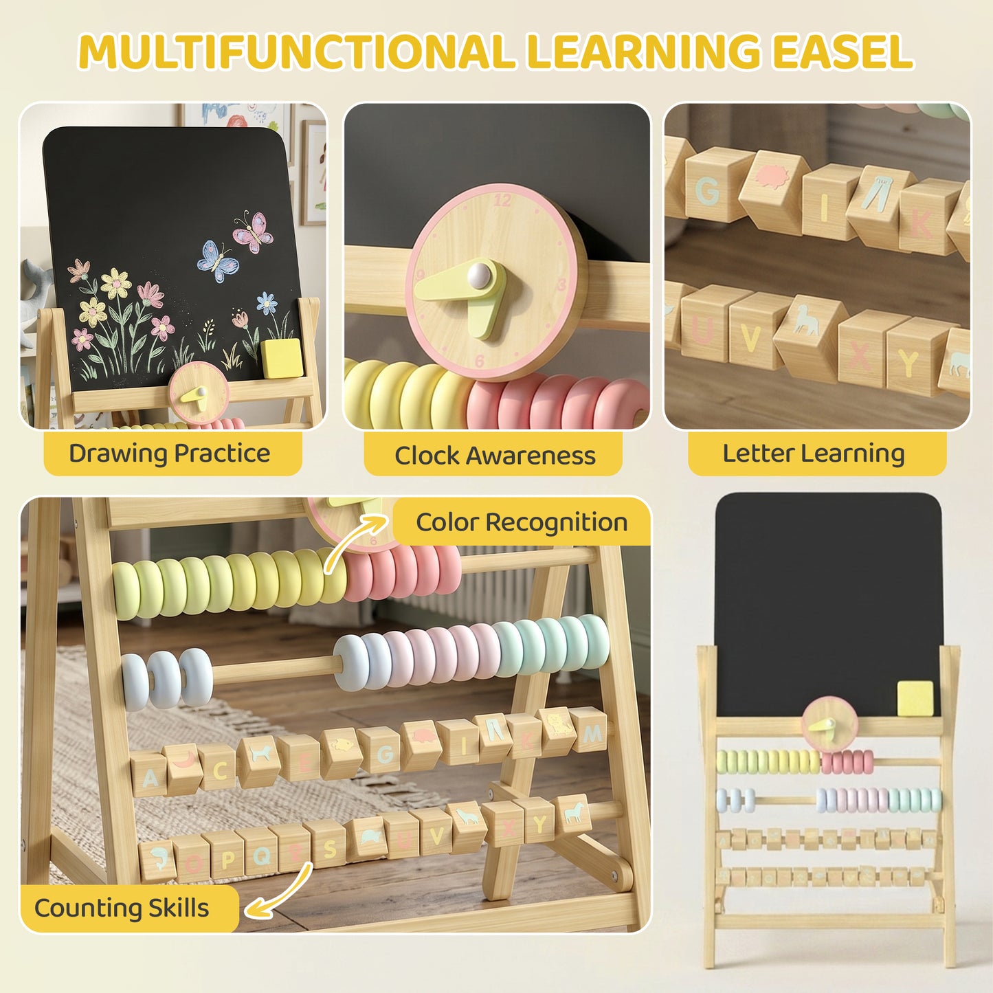 Qaba Wooden Kids Art Easel with Double-Sided Chalkboard, Clock, Abacus, Blackboard Eraser for Painting, for Ages 2+, Nat