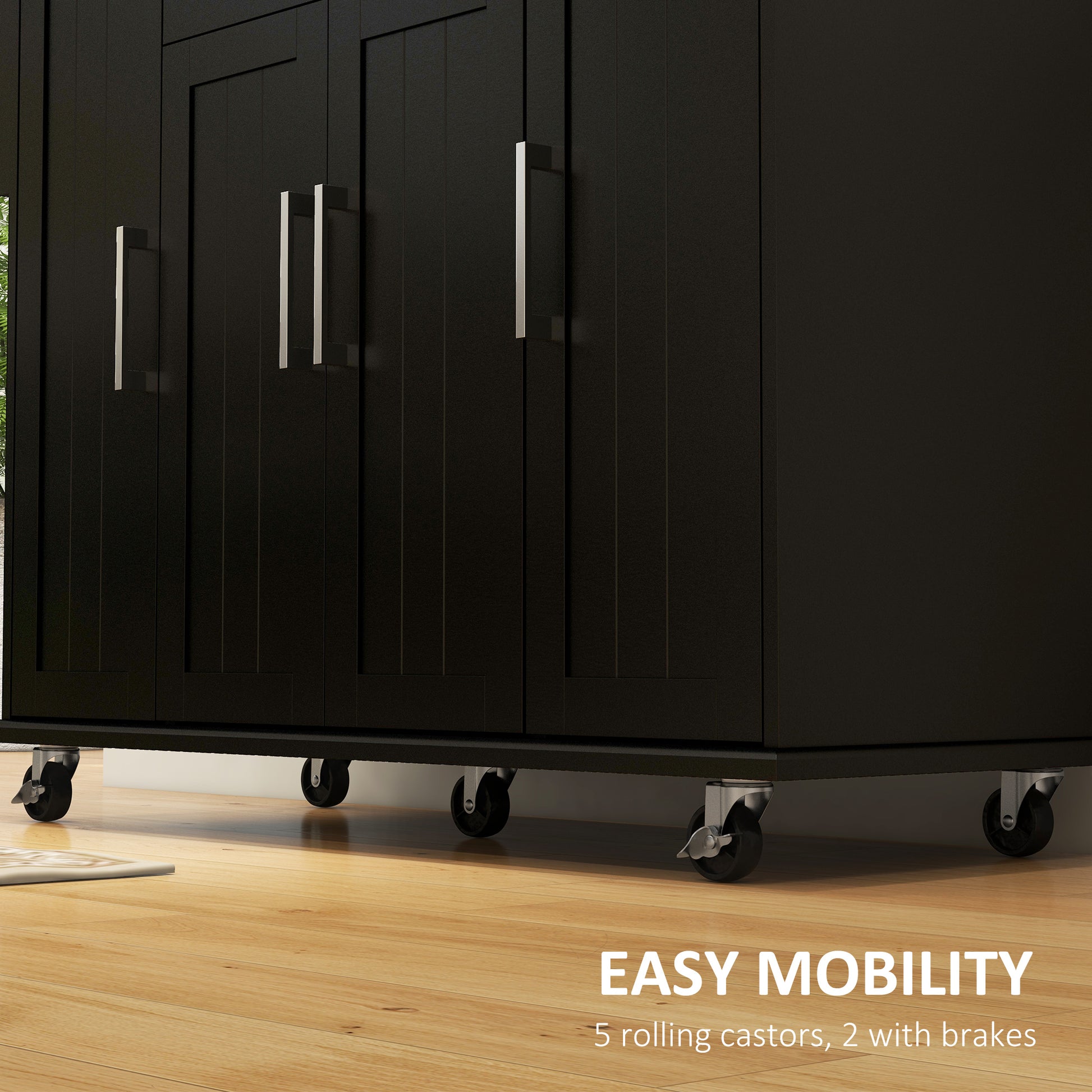 Modern Rolling Kitchen Island Cart with Drawers, Natural Wood Top, Towel Rack, Door Storage Cabinet, Black