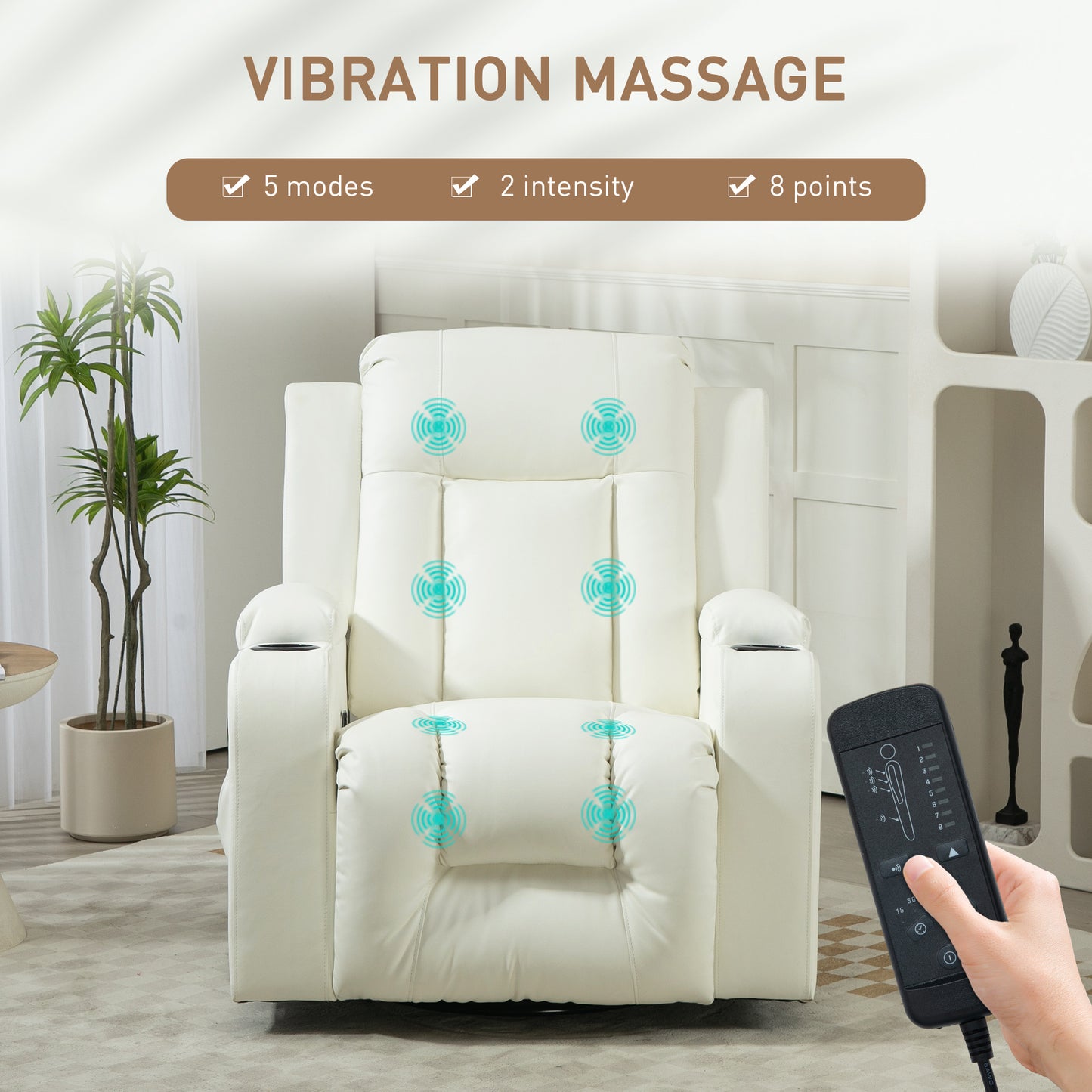 Swivel Massage Recliner Sofa, Overstuffed Manual Reclining Sofa, PU Leather Rocking Chair with Side Pockets, Cup Holders