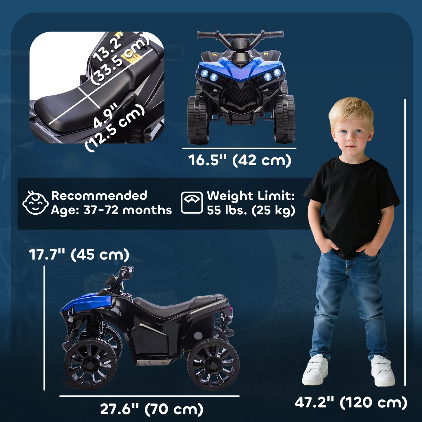 Qaba 6V Kids ATV, 4 Wheeler Electric Ride on Car with Music and LED Headlights, for Ages 37-72 Months Boys and Girls, Bl