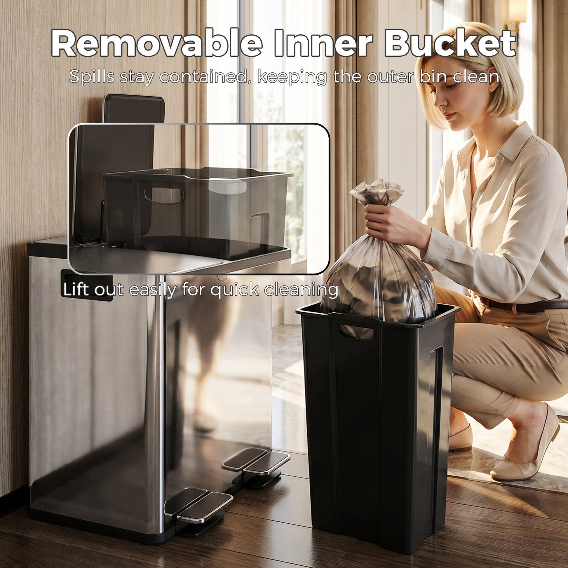 Garbage Bin, Soft-Close Trash Can with Foot Pedal, 2x5 Gal (2x20 L) Garbage Can with Removable Inner Buckets, Silver