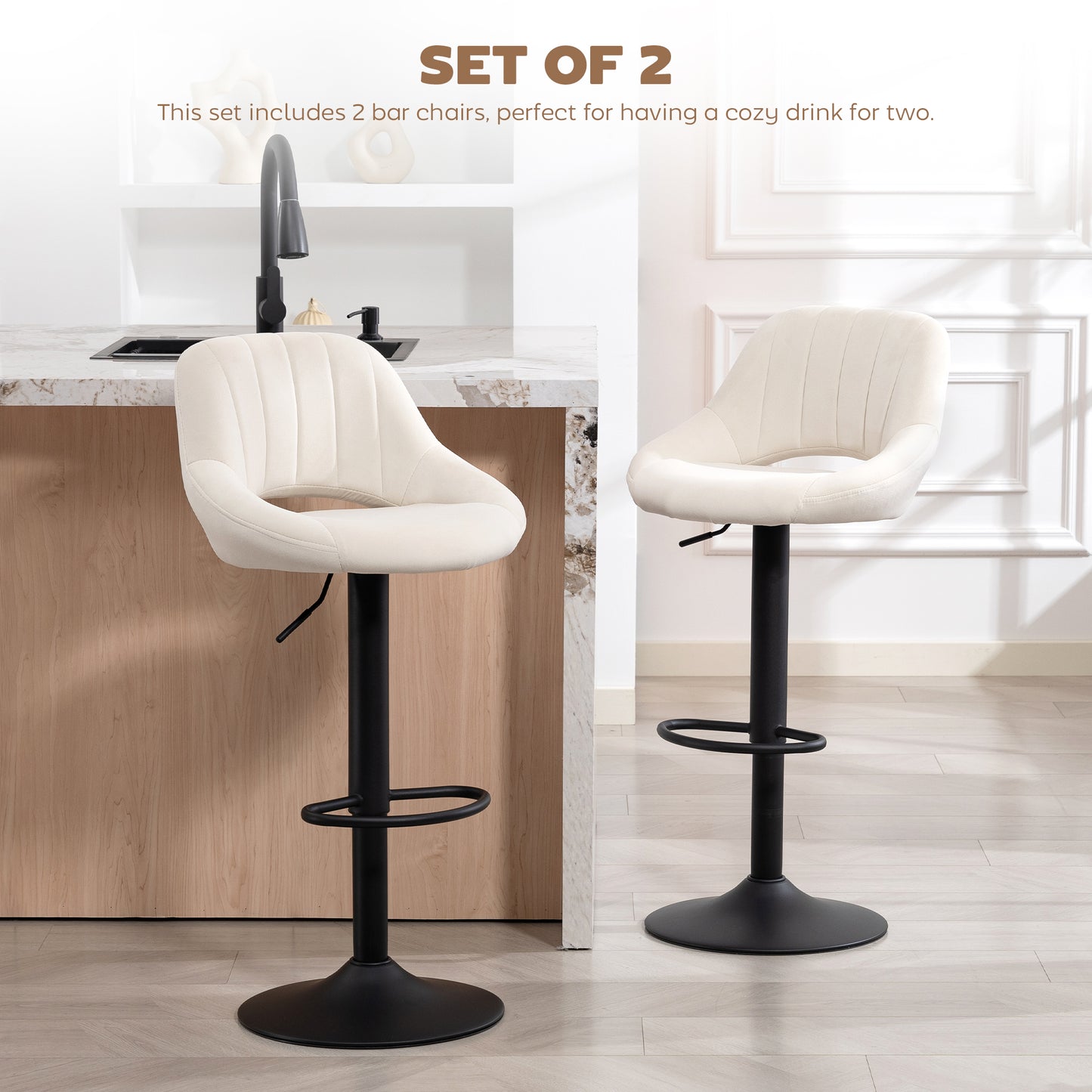 Bar Stools Set of 2, Swivel Counter Height Barstools with Adjustable Height and Cutout Back, Velvet Upholstered Bar Chai