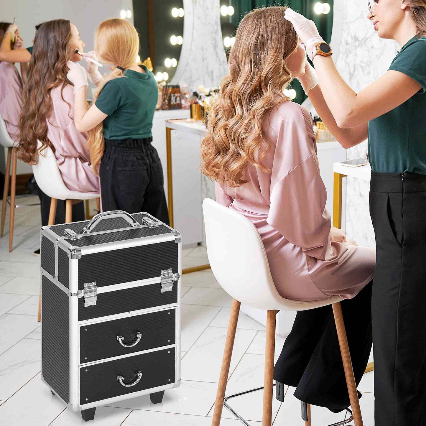 Aluminum Rolling Makeup Train Case, Portable Professional Cosmetic Makeup Case, Lockable Traveling Cart Trunk with Foldi