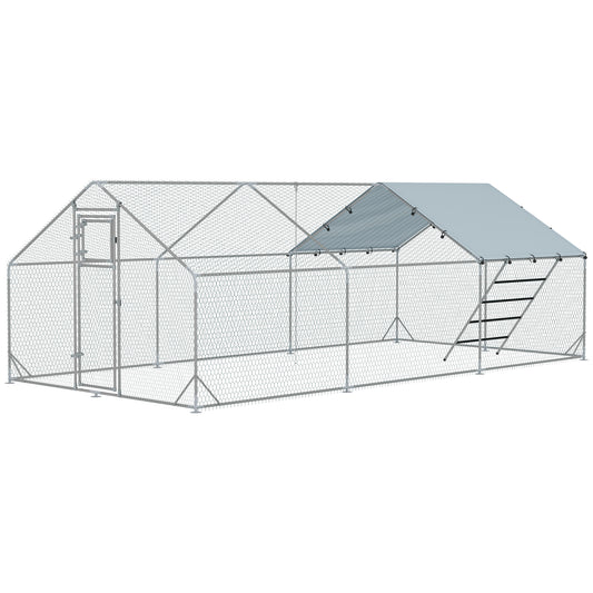 Large Metal Chicken Run with Waterproof & UV-Resistant Cover, Feeding Door, Hanging Feeder, Perch for 18-24 Chickens