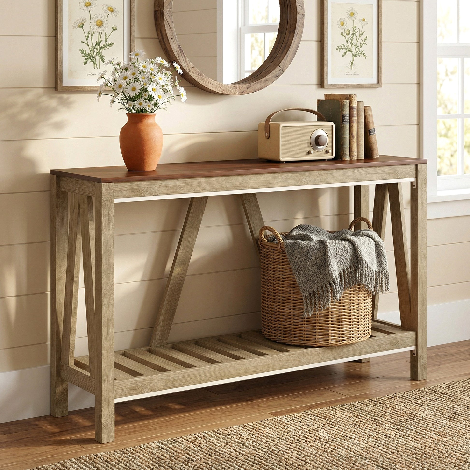 52" Console Table, Farmhouse Narrow Entryway Table with Storage Shelf, Rustic Sofa Table with Anti-tipper for Living Roo