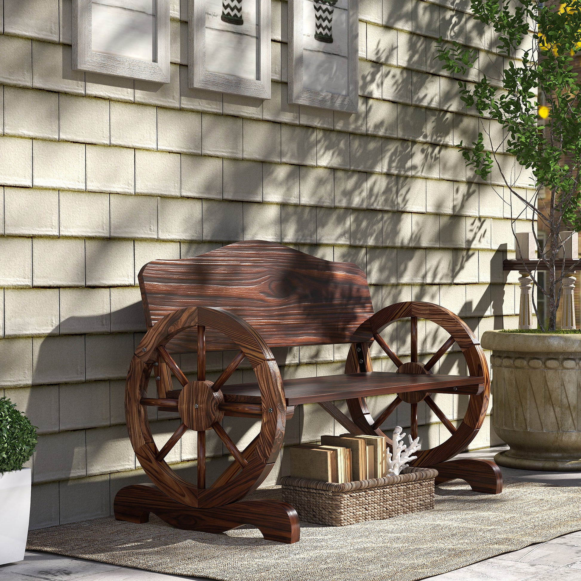 Wooden Outdoor Bench, Garden Patio Loveseat with Wagon Wheel Armrests, 528LBS Capacity, Carbonized