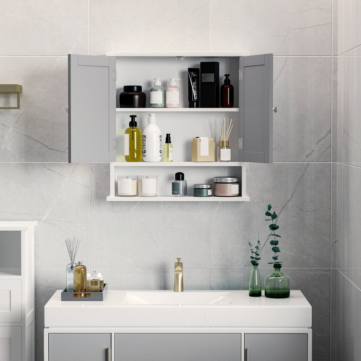 Medicine Cabinet, Wall-Mounted Bathroom Mirror Cabinet with Double Doors, Open Shelf, and Adjustable Shelf, Modern Bathr