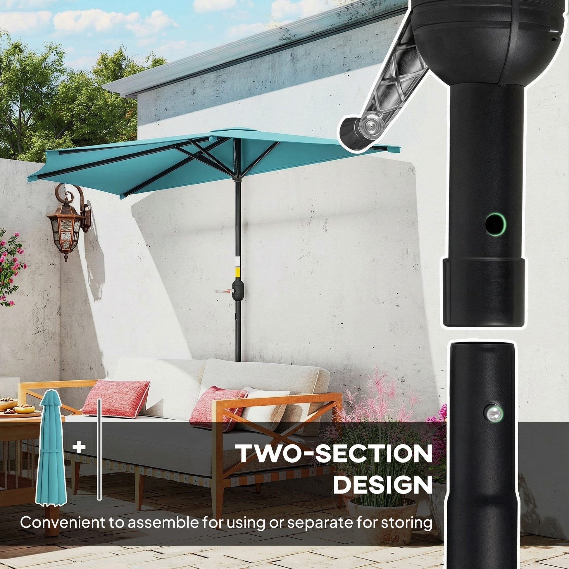 9.8ft Half Umbrella Semi Round Patio Parasol with Crank Handle, Top Vent for Garden, Balcony- NO BASE INCLUDED, Light Bl