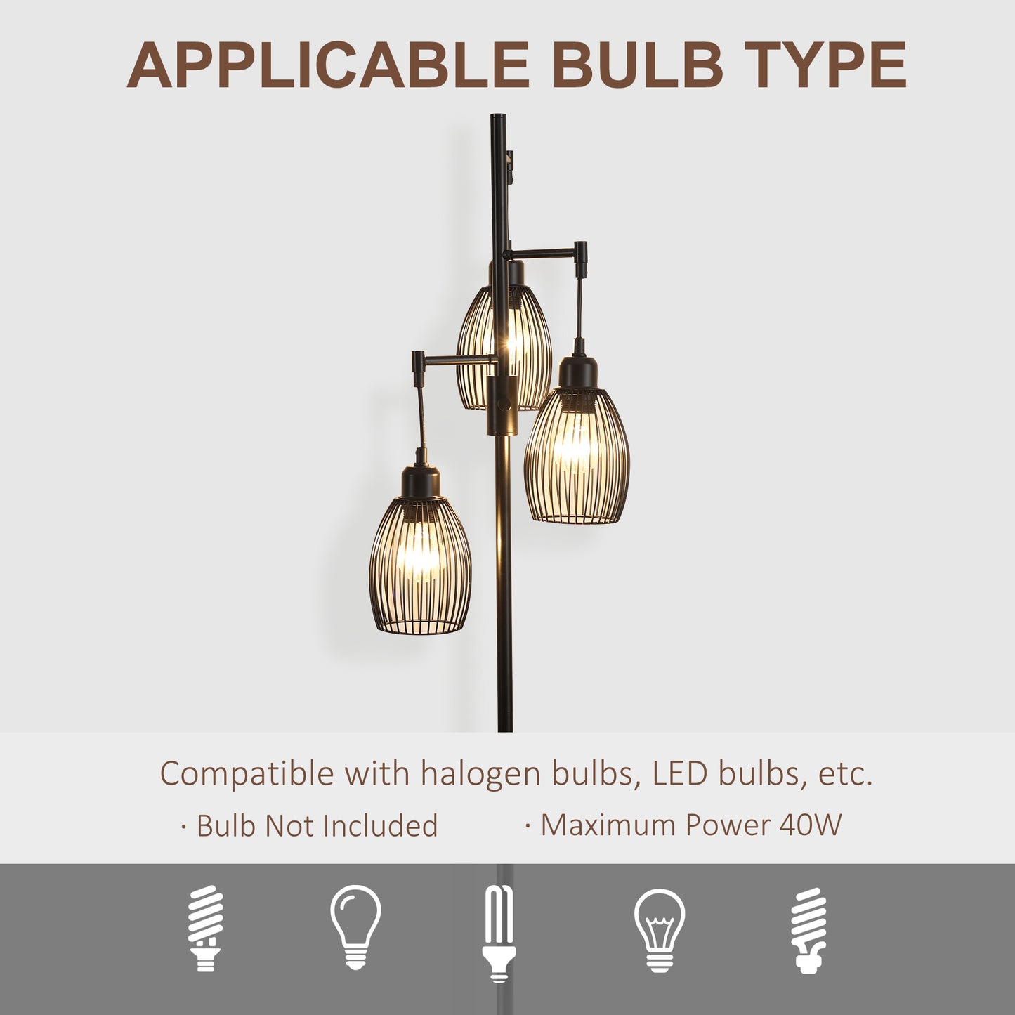 Industrial Floor Lamp with 3 Hanging Wire Lampshades, Dimmable Standing Lamp for Living Room, Bedroom, Dining Room, Stud