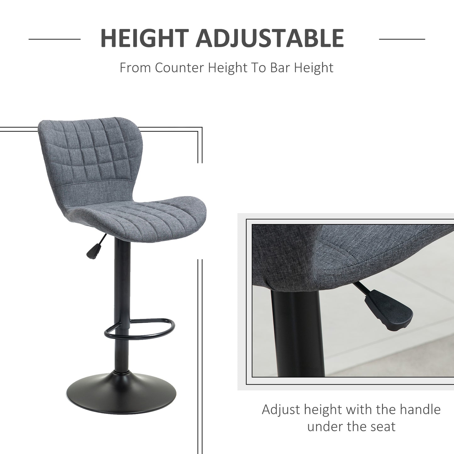 Bar Stools Set of 2, Adjustable Height Swivel Bar Chairs, Linen-feel Fabric Upholstered Kitchen Counter Stools with Wide