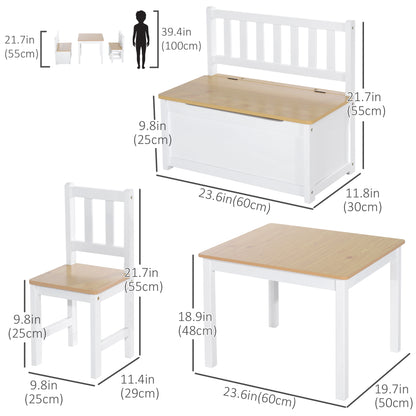 Qaba 4-Piece Set Kids Wood Table Chair Bench with Storage Function Easy to Clean Gift for Girls Boys Toddlers Age 3 Year