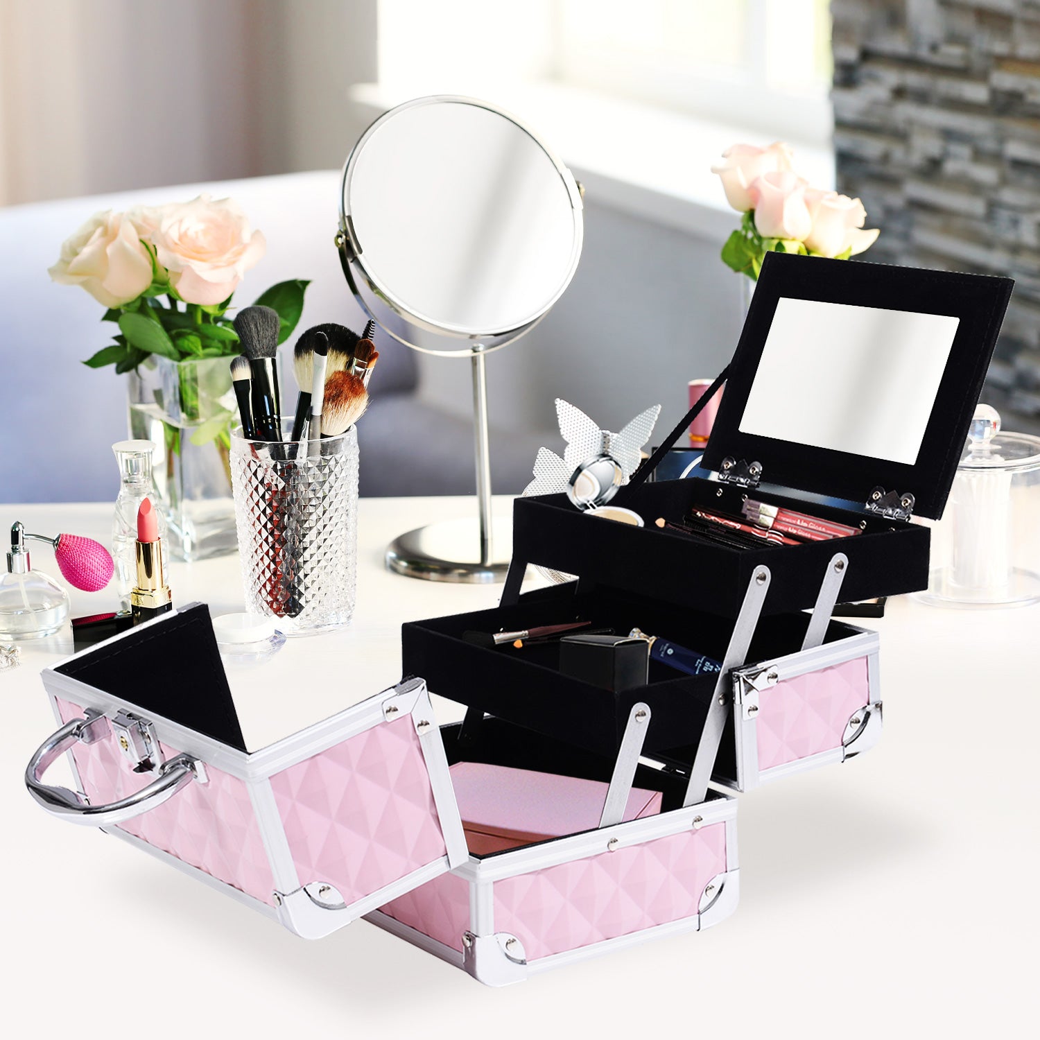 3-Tier Makeup Train Case with Mirror - Pink - Image 7