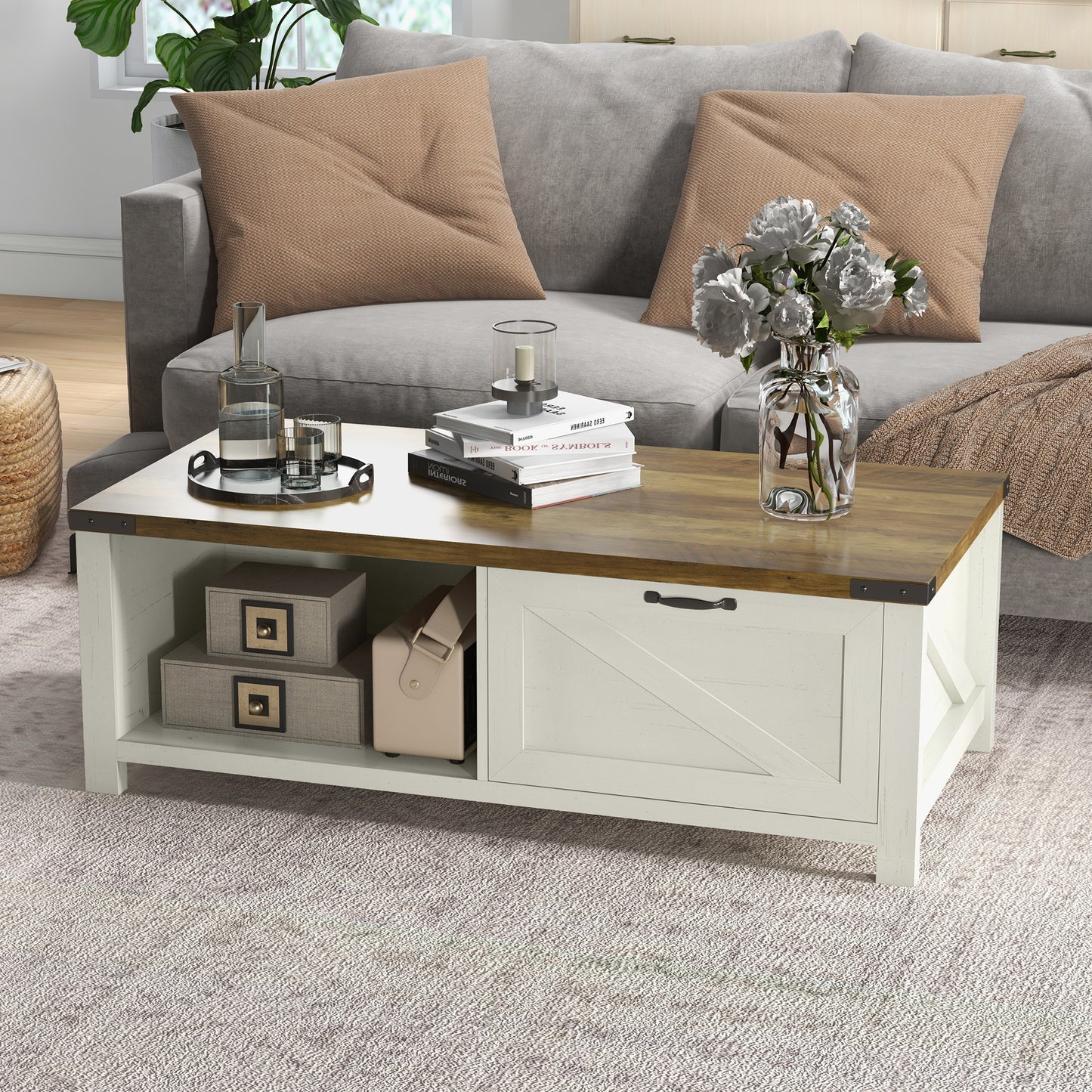 Industrial Coffee Table Side End Table with Drawer, Open Storage Shelf, Modern Farmhouse Furniture, for Living Room, Din