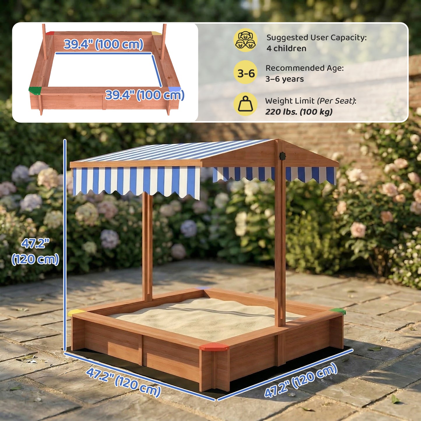 Wooden Sandbox with Cover, Kids Sandbox Outdoor with Adjustable Canopy and Seats for Backyard, Beach, Dark Brown