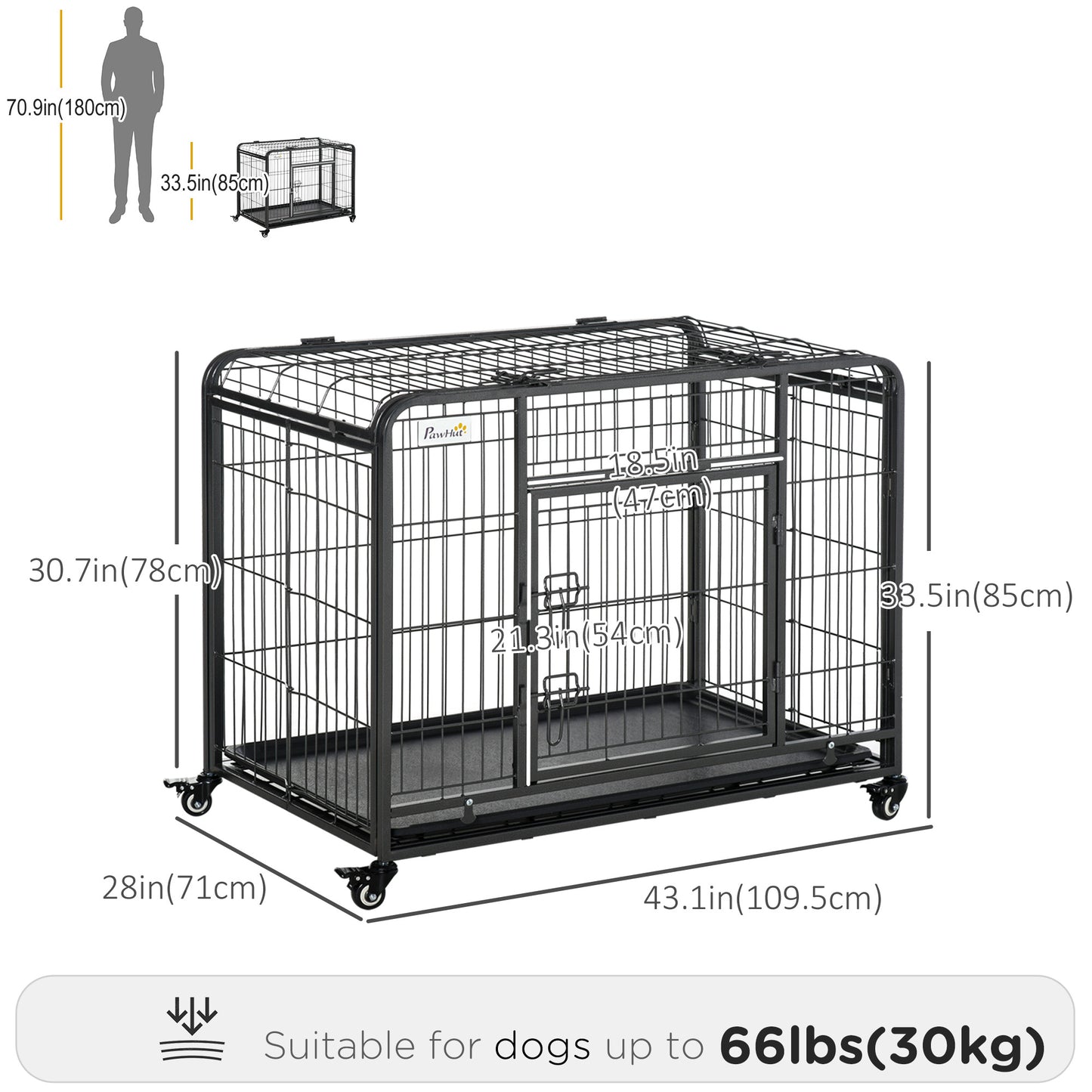 Folding Heavy Duty Dog Crate Heavy Duty Cage for Large Sized Dogs with Double Doors, Lockable Wheels Tray, 43" x 28" x 3