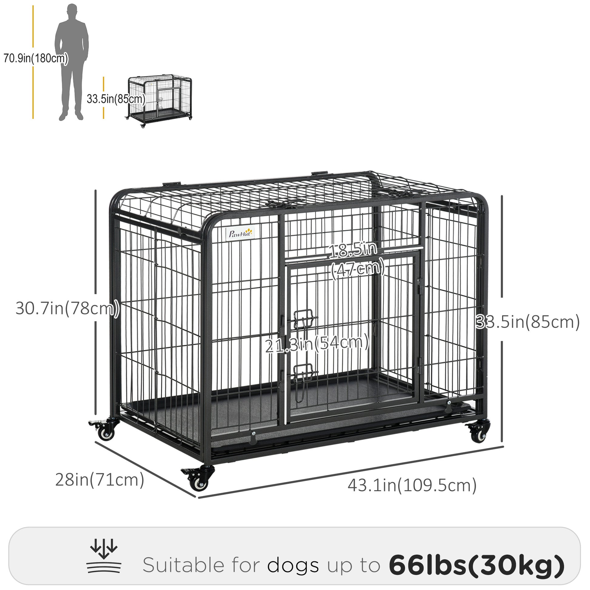 Folding Heavy Duty Dog Crate Heavy Duty Cage for Large Sized Dogs with Double Doors, Lockable Wheels Tray, 43" x 28" x 3