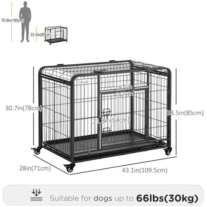 Folding Heavy Duty Dog Crate Heavy Duty Cage for Large Sized Dogs with Double Doors, Lockable Wheels Tray, 43" x 28" x 3