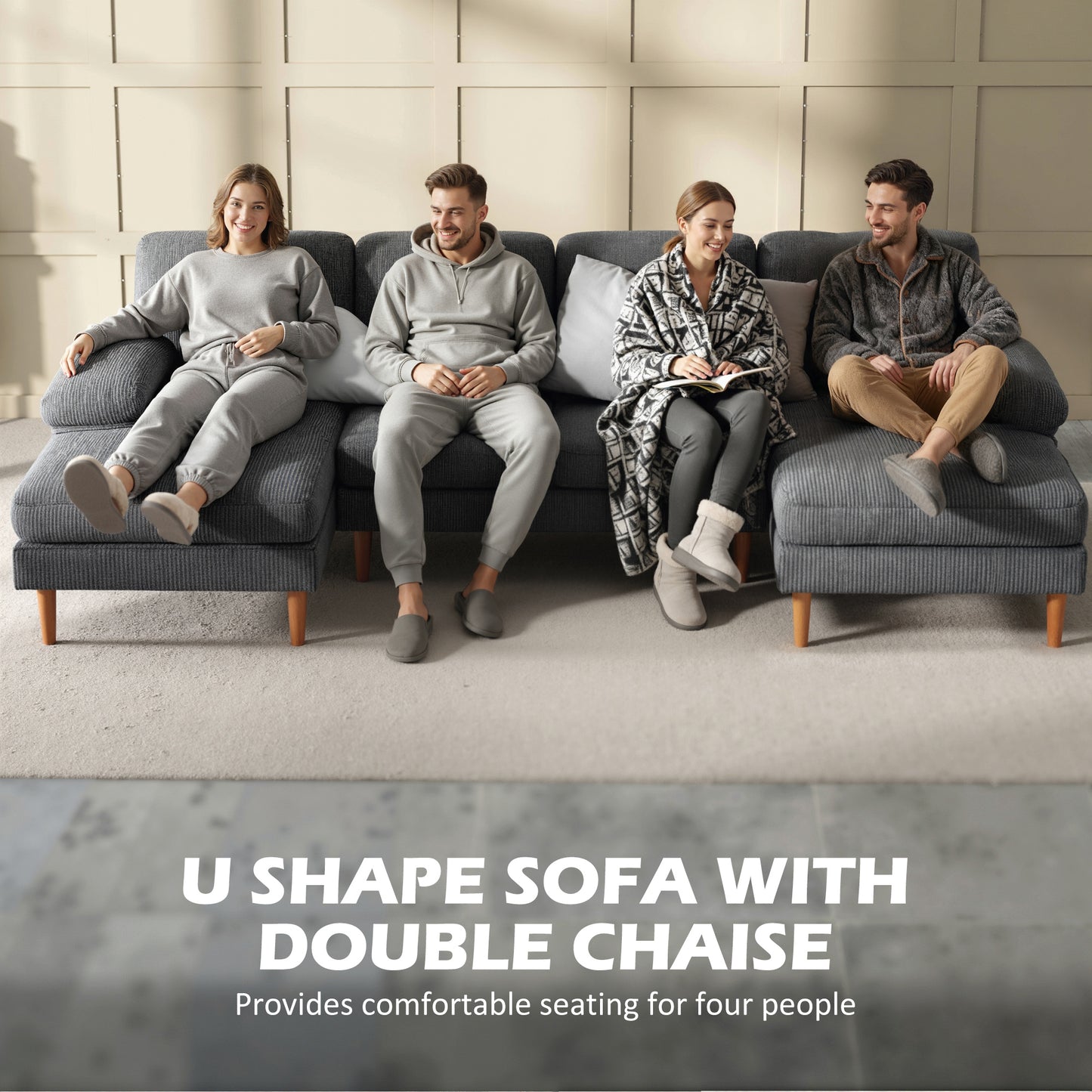 U Shape Couch with Double Chaise Lounge, Modern 4 Seater Sofa with Wooden Legs, Fabric Sofa for Living Room, Dark Grey