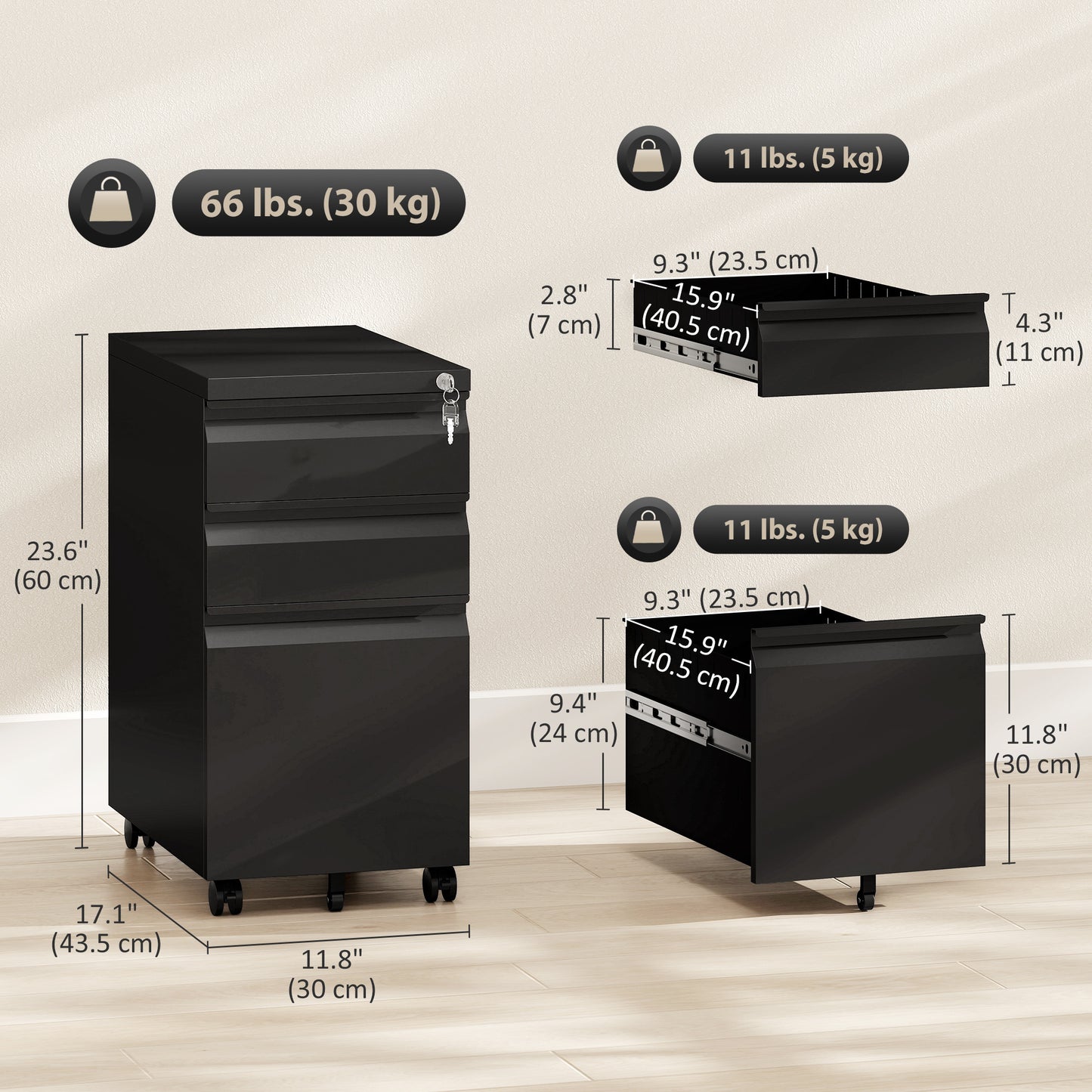 3 Drawer Filing Cabinet with Lock, Steel Office Storage Cabinet with Hanging Bar for A4, Legal, Letter Files, Black