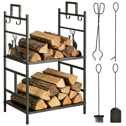 20.25" x 13" x 30.25" 2-Layer Heavy Duty Firewood Rack Wood Log Fireplace Stacker  w/ 4 Tools, Black and Gold
