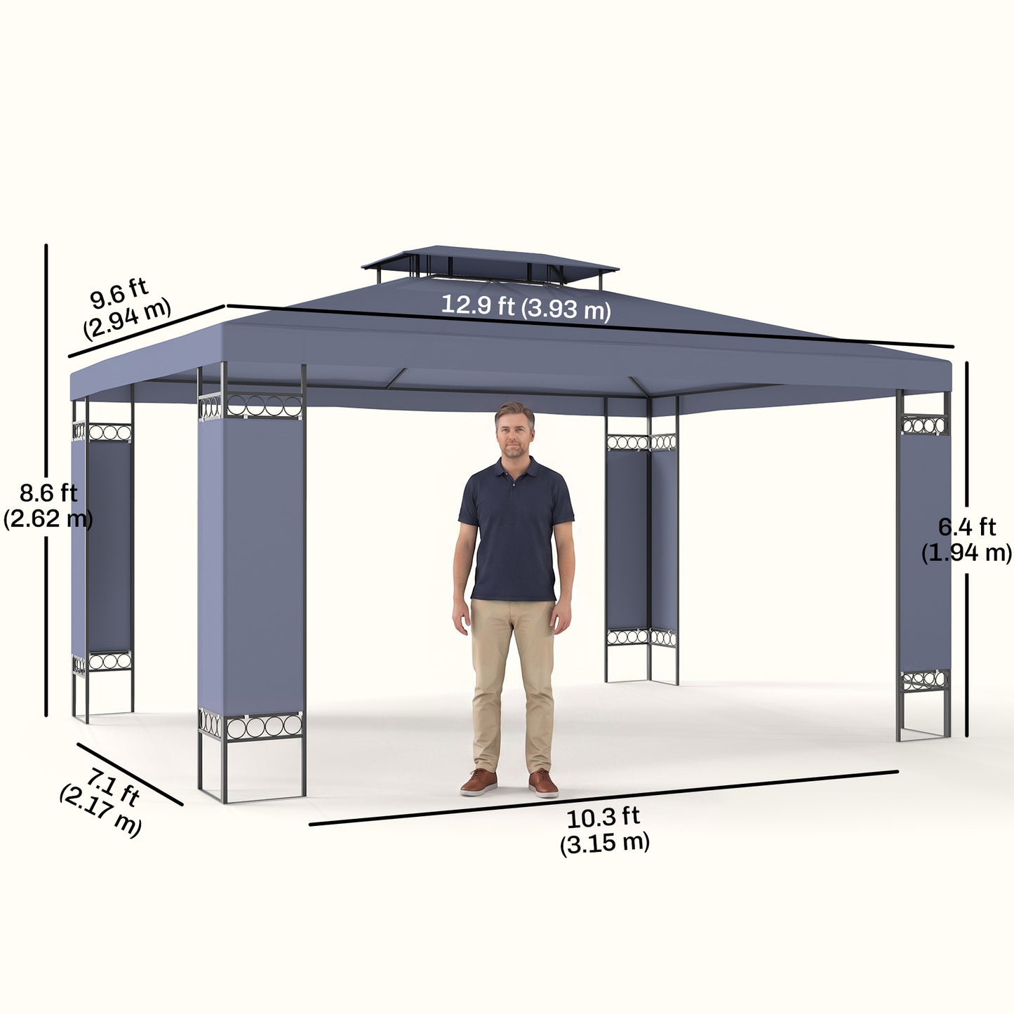 10' x 13' Outdoor Gazebo, Double Roof Patio Gazebo Canopy Shelter with Screen Decorate Corner Frame, Grey